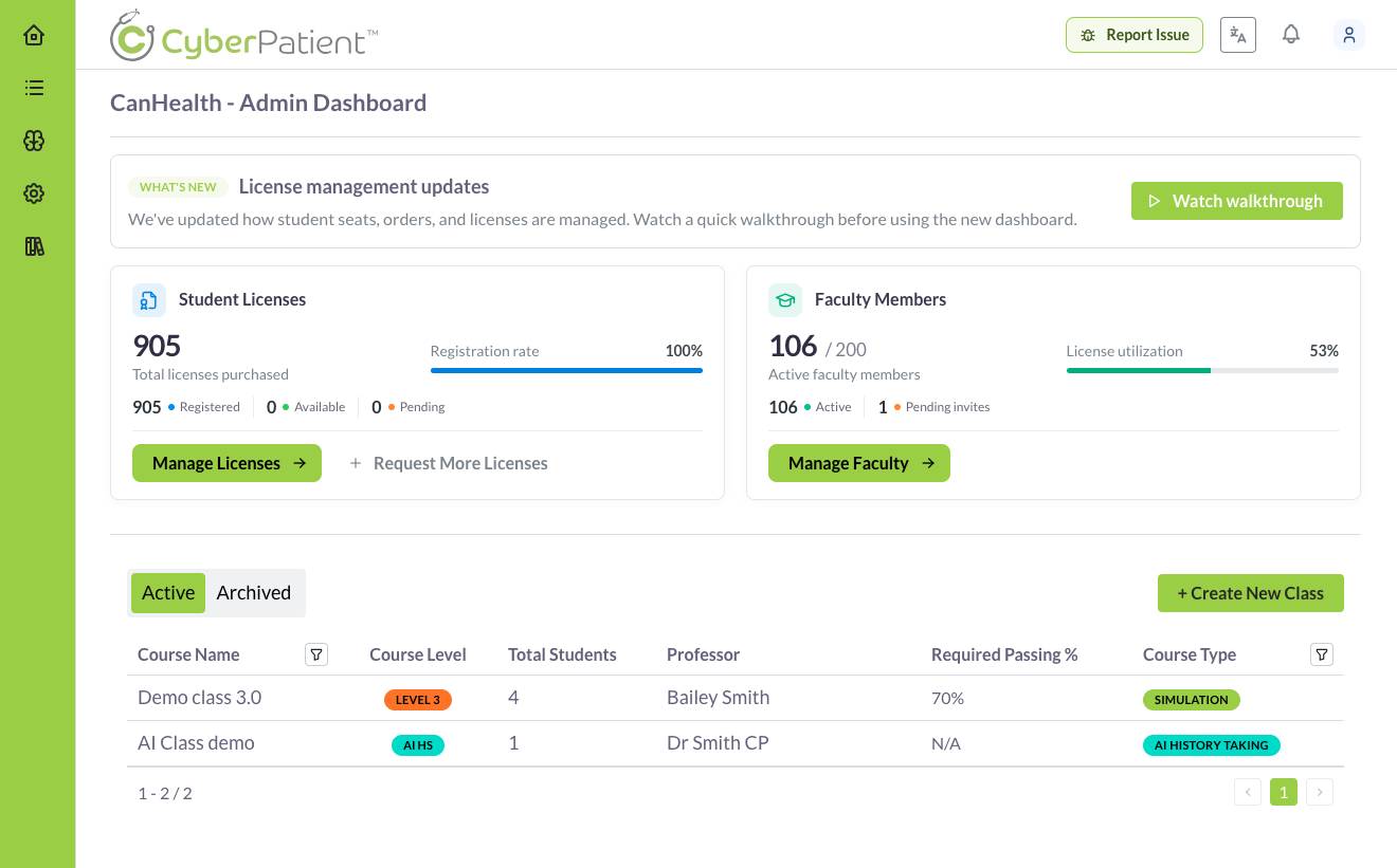 CyberPatient admin dashboard for managing licences, faculty and classes