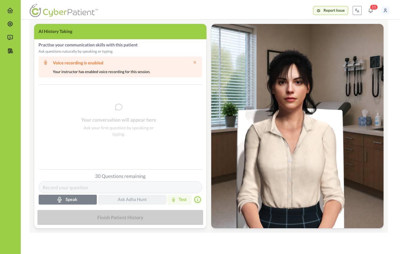 CyberPatient AI patient history-taking interface